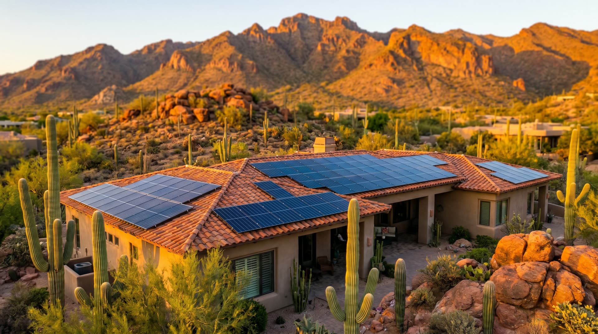 Solar panels on a tile-roof Arizona home at sunset, saguaro in the foreground